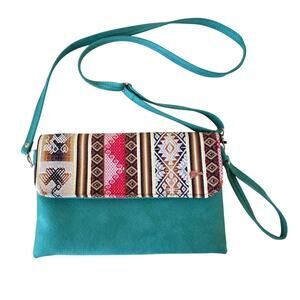 Peru Artisan Crossbody Bag Turquoise Faux Suede Multicolor Andean Pattern Fold